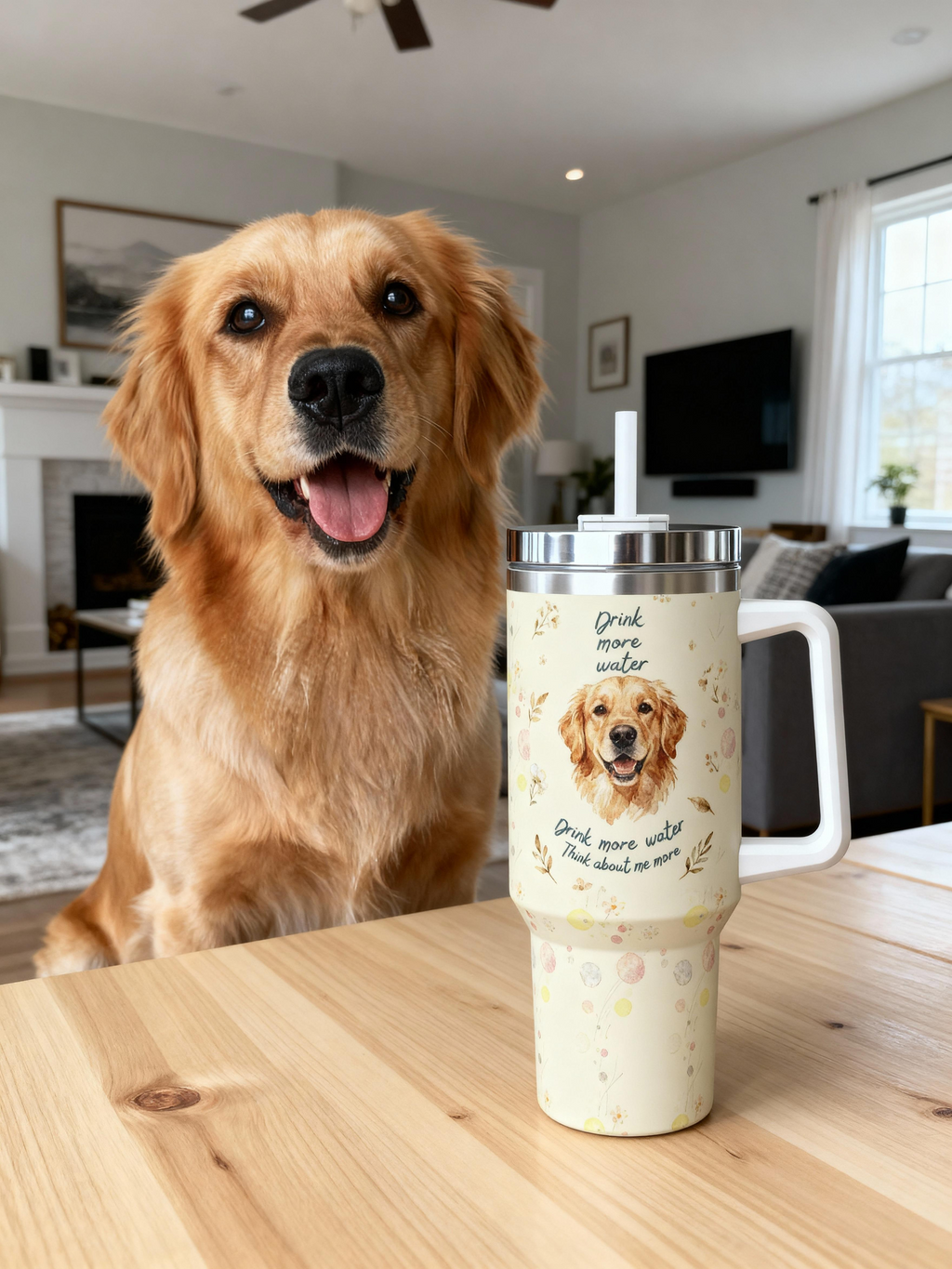 Custom Pet Portrait Insulated Tumbler with Straw  'Drink More Water' Motivational Design