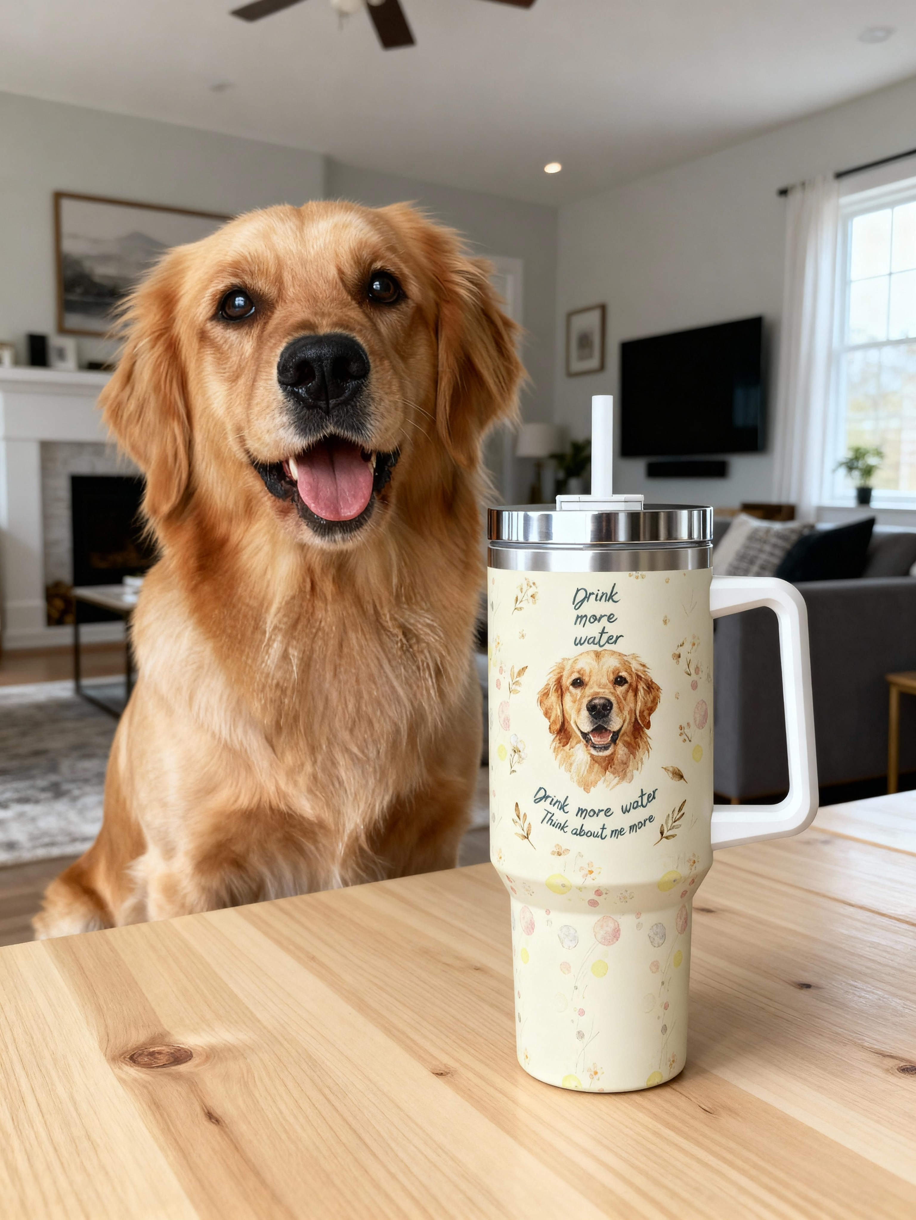 Custom Pet Portrait Insulated Tumbler with Straw  'Drink More Water' Motivational Design