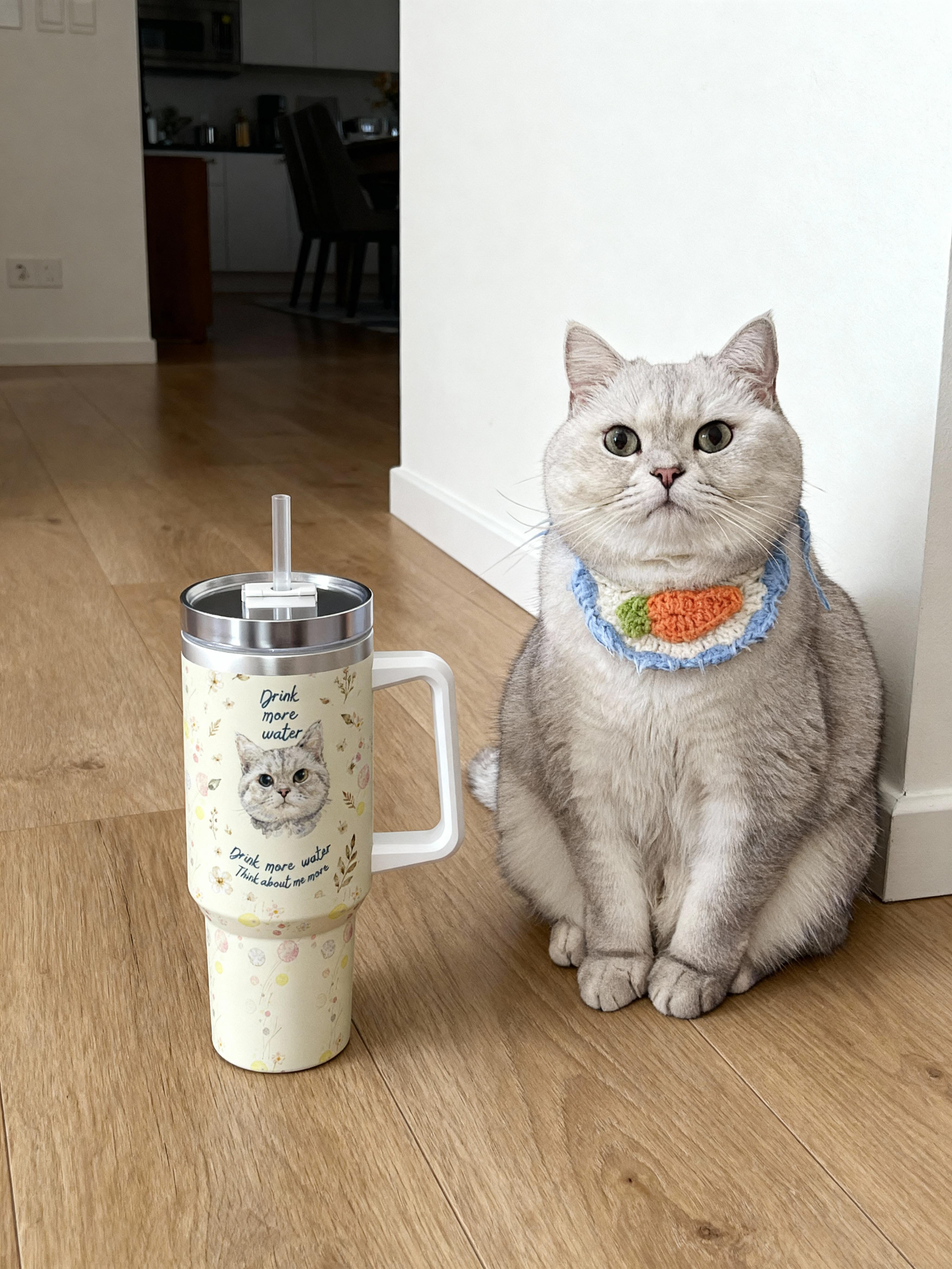 Custom Pet Portrait Insulated Tumbler with Straw  'Drink More Water' Motivational Design