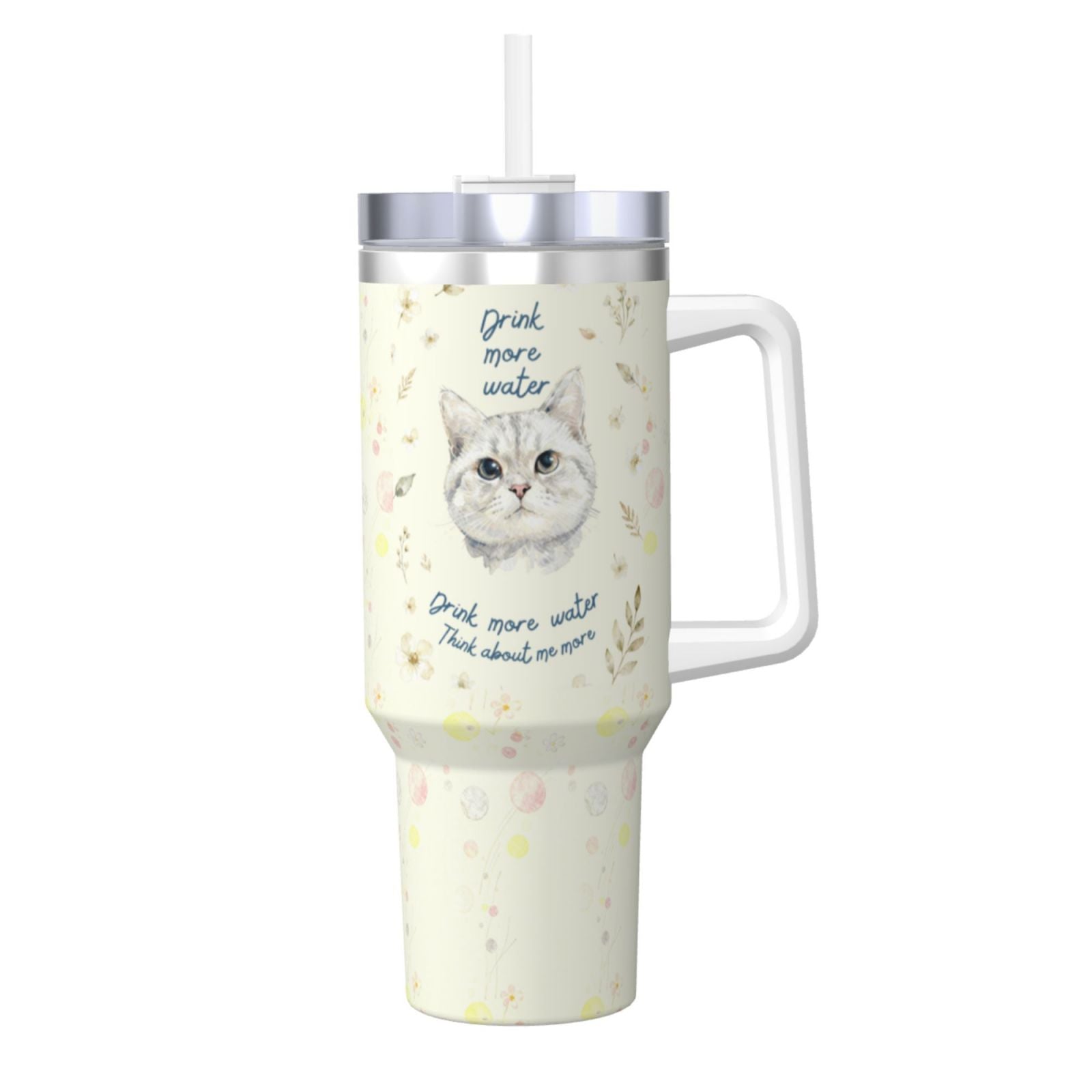 Custom Pet Portrait Insulated Tumbler with Straw  'Drink More Water' Motivational Design