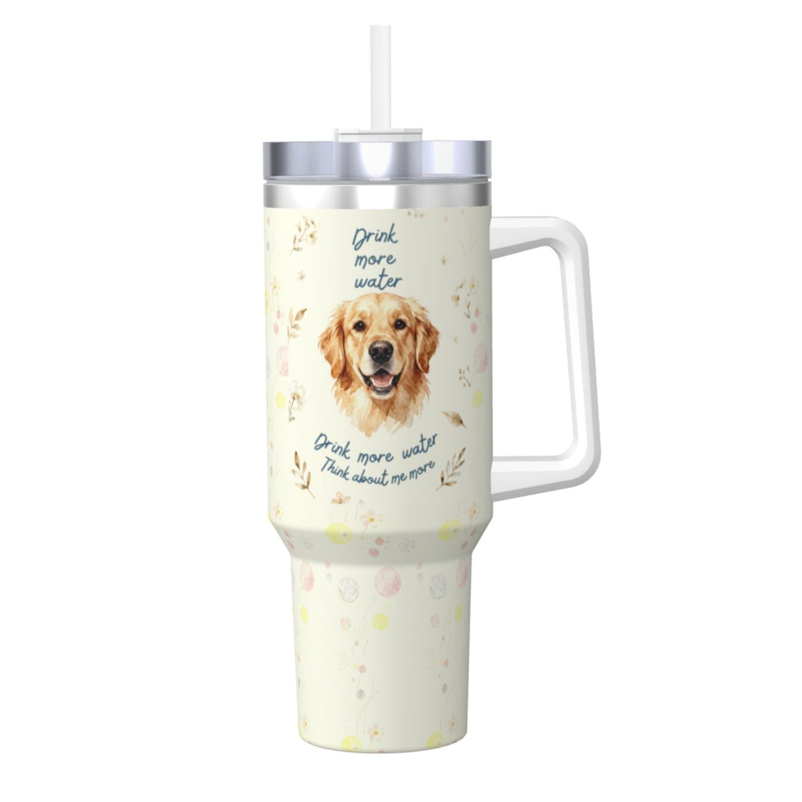 Custom Pet Portrait Insulated Tumbler with Straw  'Drink More Water' Motivational Design